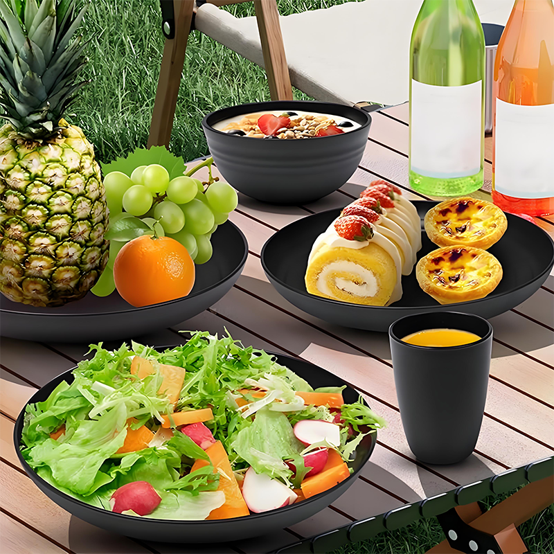 KRKZ 30-Piece Dinnerware Set, Service for 6, Unbreakable Plates, Bowls & Cups, Eco-Friendly, Dishwasher Safe, Black