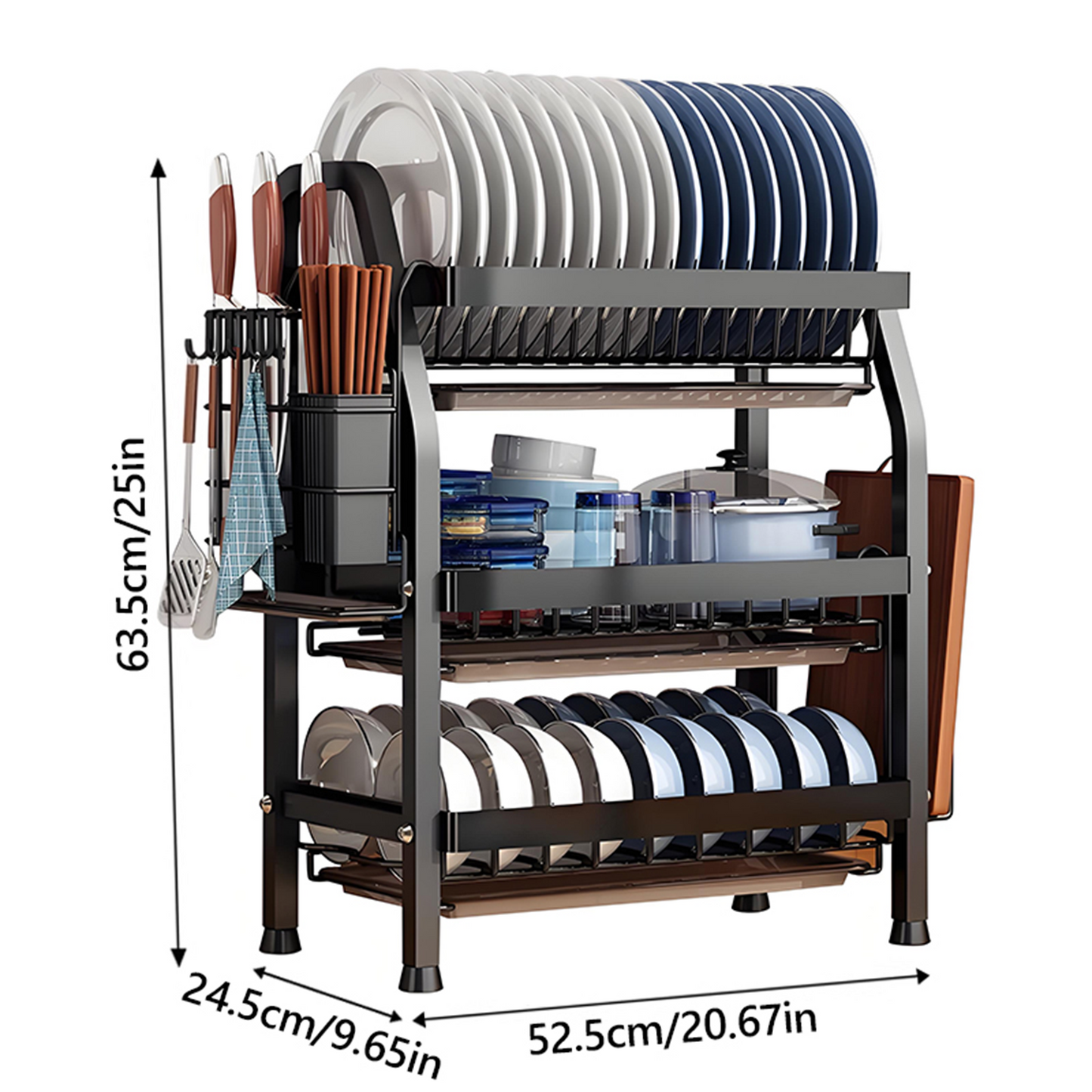 KRKZ 3-Tier Dish Rack - Steel Kitchen Drainer for Dishes, Utensils, Cutting Boards & Chopsticks (Black 20.7x9.6x25in)