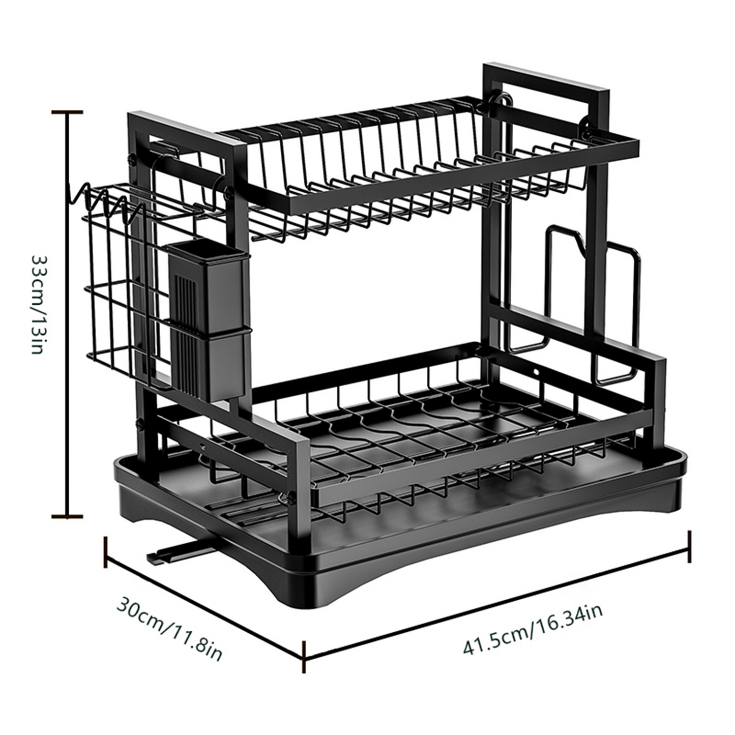 KRKZ 2-Tier Dish Rack - Carbon Steel Kitchen Organizer w/Knife & Cup Holders, Space-Saving for Dishes/Utensils (Black 16.3"x11.8"x13")