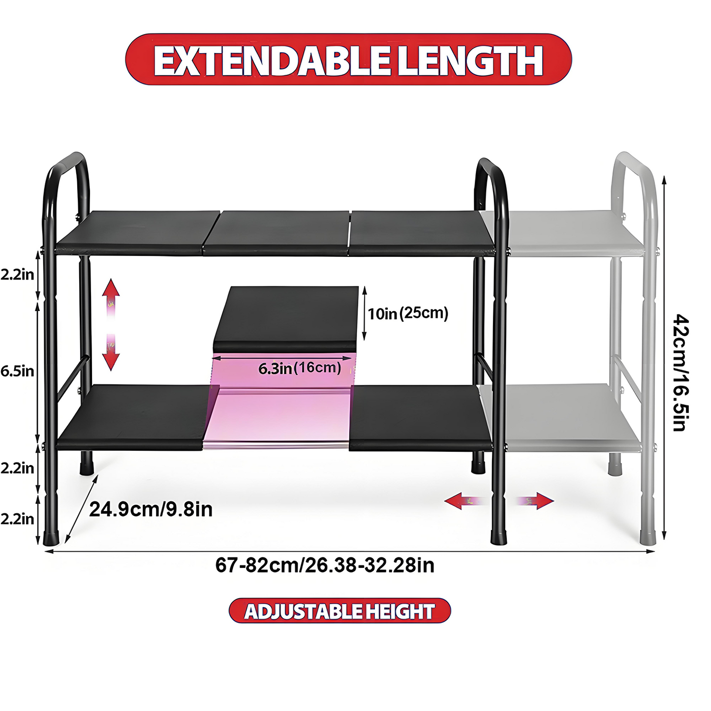 KRKZ Expandable Under-Sink Organizer - 2-Tier Adjustable Storage, Black 26.4"x9.8"x16.5"