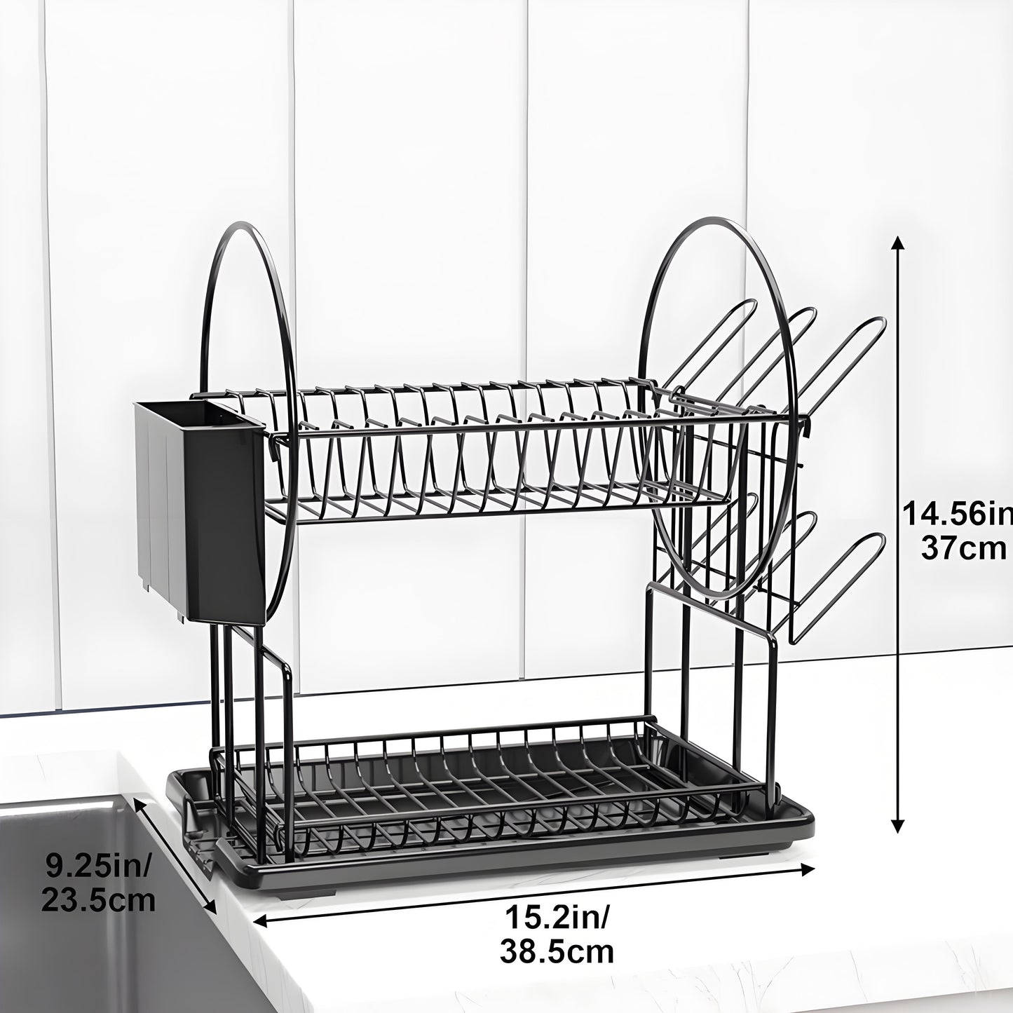 KRKZ 2-Tier Carbon Steel Dish Rack - Heavy-duty organizer with utensil/chopstick holders, fits plates/bowls/cups, rust-resistant (Black 15.2"x9.3"x14.6")
