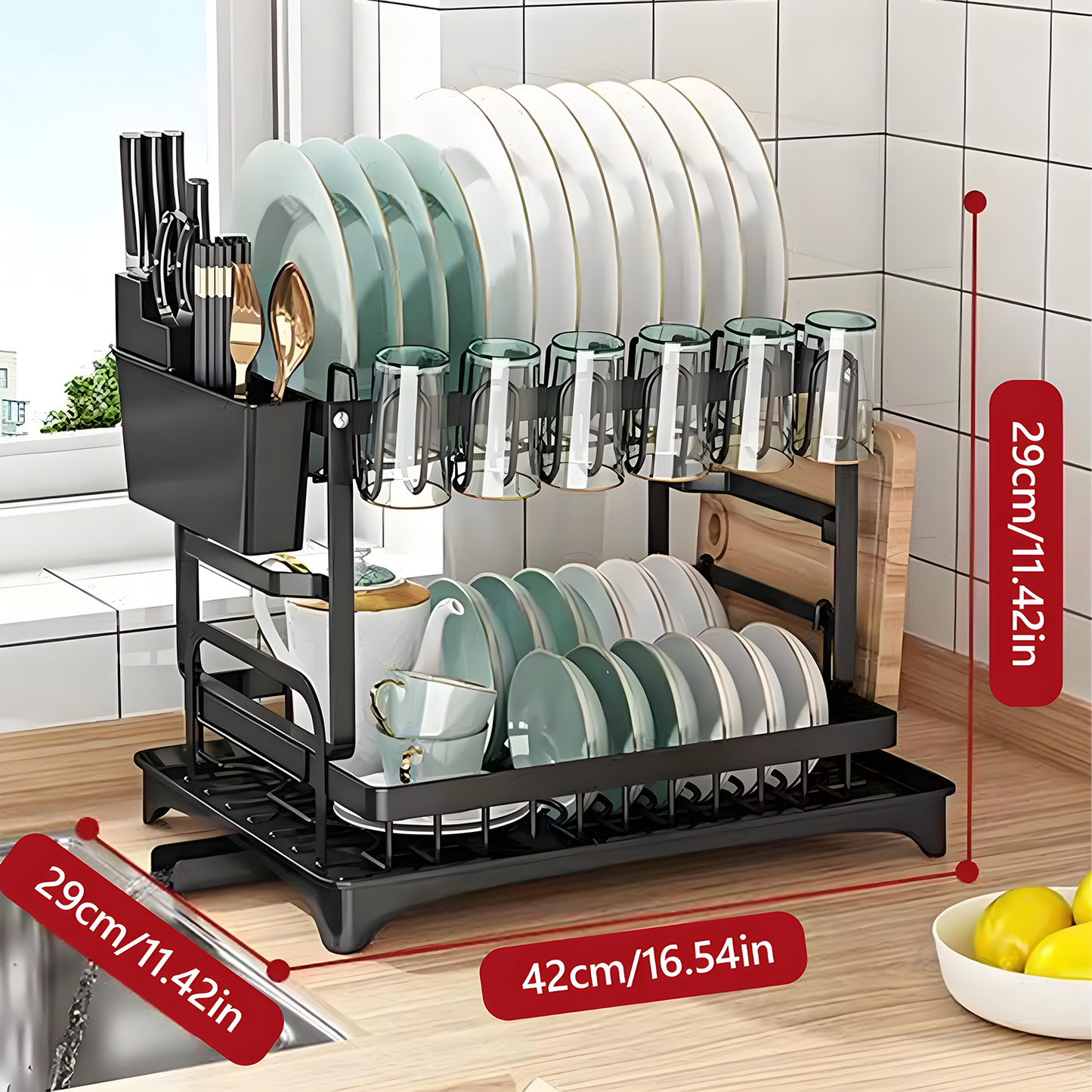 KRKZ Double-layer Bowl and Plate Organizer with Drainage Rack and Drainage Tube (Black 16.54*11.42*11.42in)