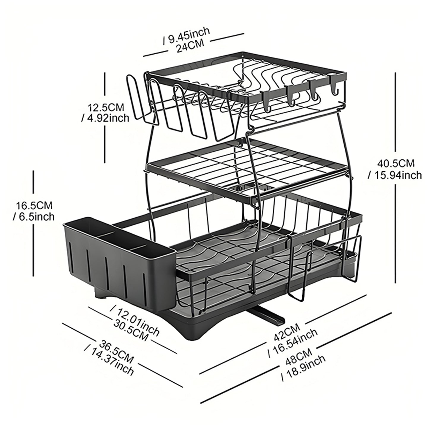 KRKZ 3-Tier Stainless Steel Dish Drying Rack with 360 Swivel Drainage,Black