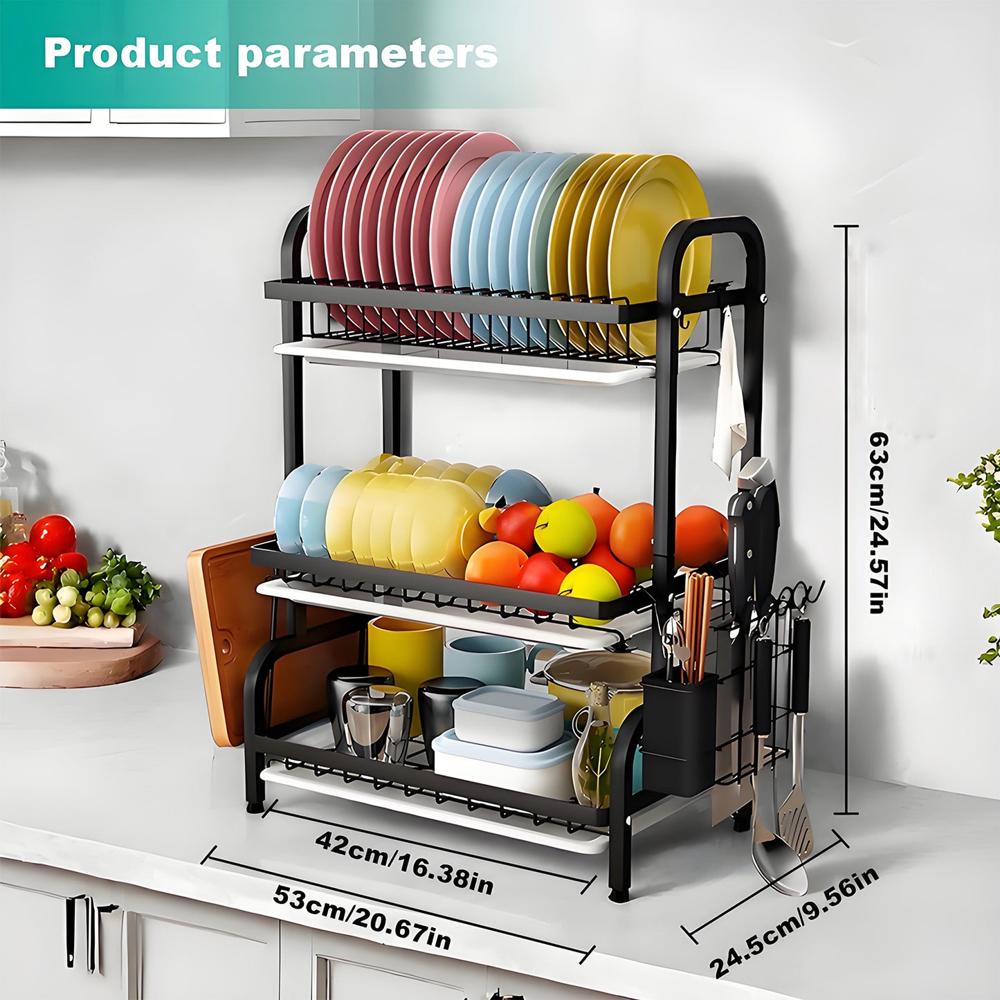 KRKZ 3-Tier Stainless Steel Dish Rack with Utensil Holder & Drain Tray, Space-Saving (Black)