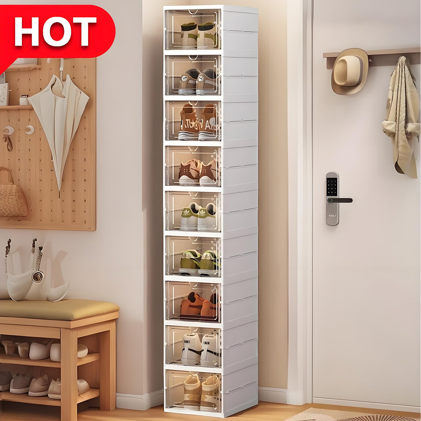 KRKZ Classics 9-Pack Plastic Shoe Storage Boxes – Clear Stackable Organizers for Sneakers, Foldable & Dust-Proof Design, Fits High-Top Shoes, White