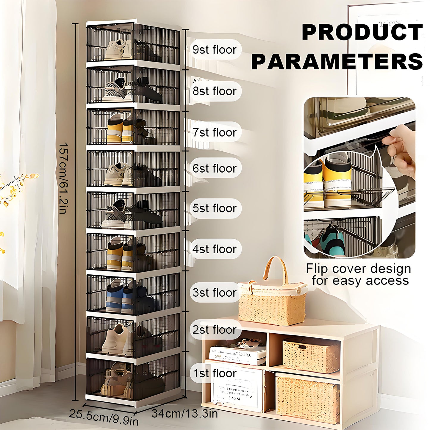 KRKZ 9-Tier Foldable Shoe Organizer - Clear Stackable Storage Boxes w/Dustproof Covers, Space-Saving for Closet/Bedroom/Dorm (Black 12.2"x10.2"x15.8")