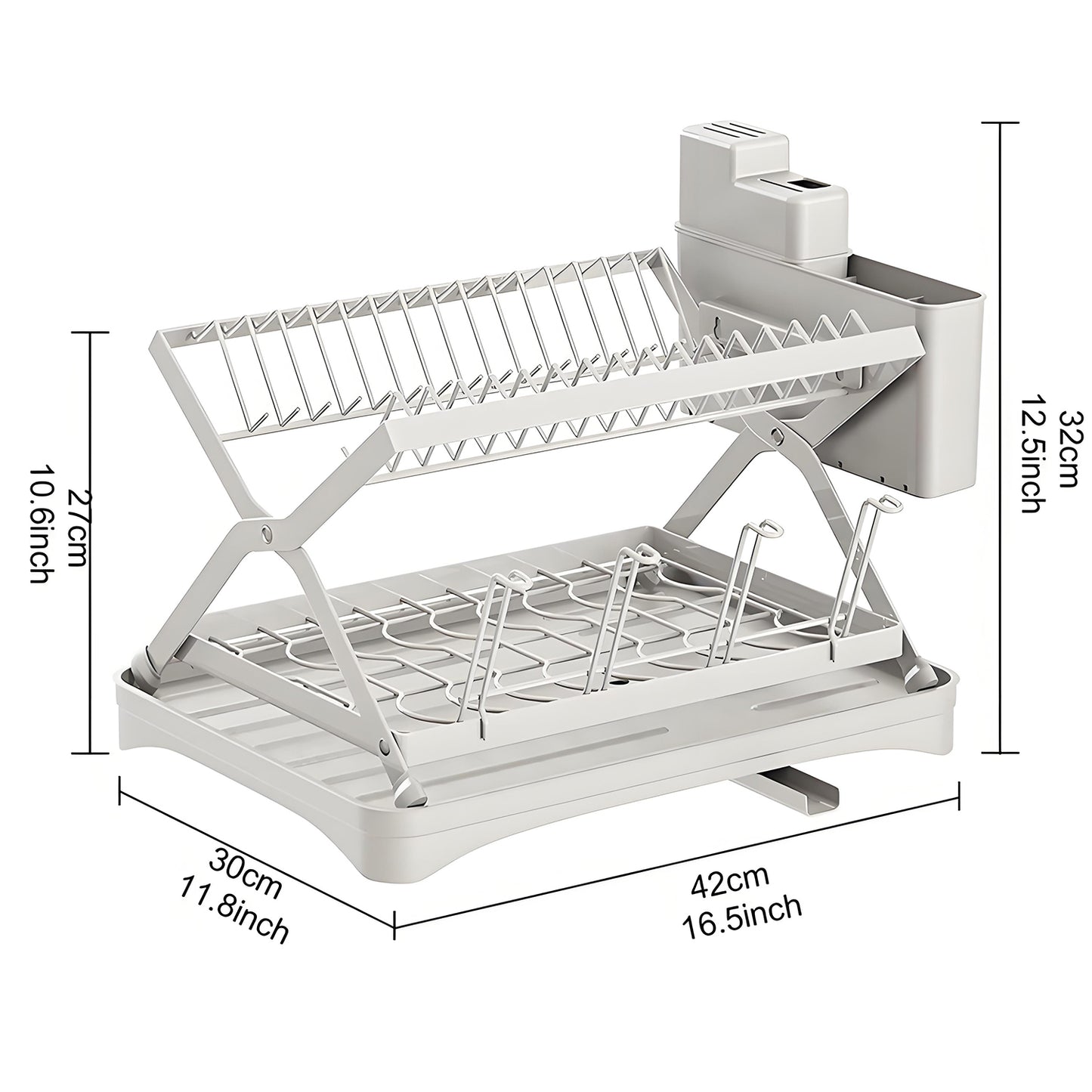 KRKZ Two-Layer Kitchen Countertop Dish Rack, Collapsible and Multi-Functional for Home Use, with Drainage and Storage for Bowls and Plates (White, 16.5" x 11.8" x 12.5")