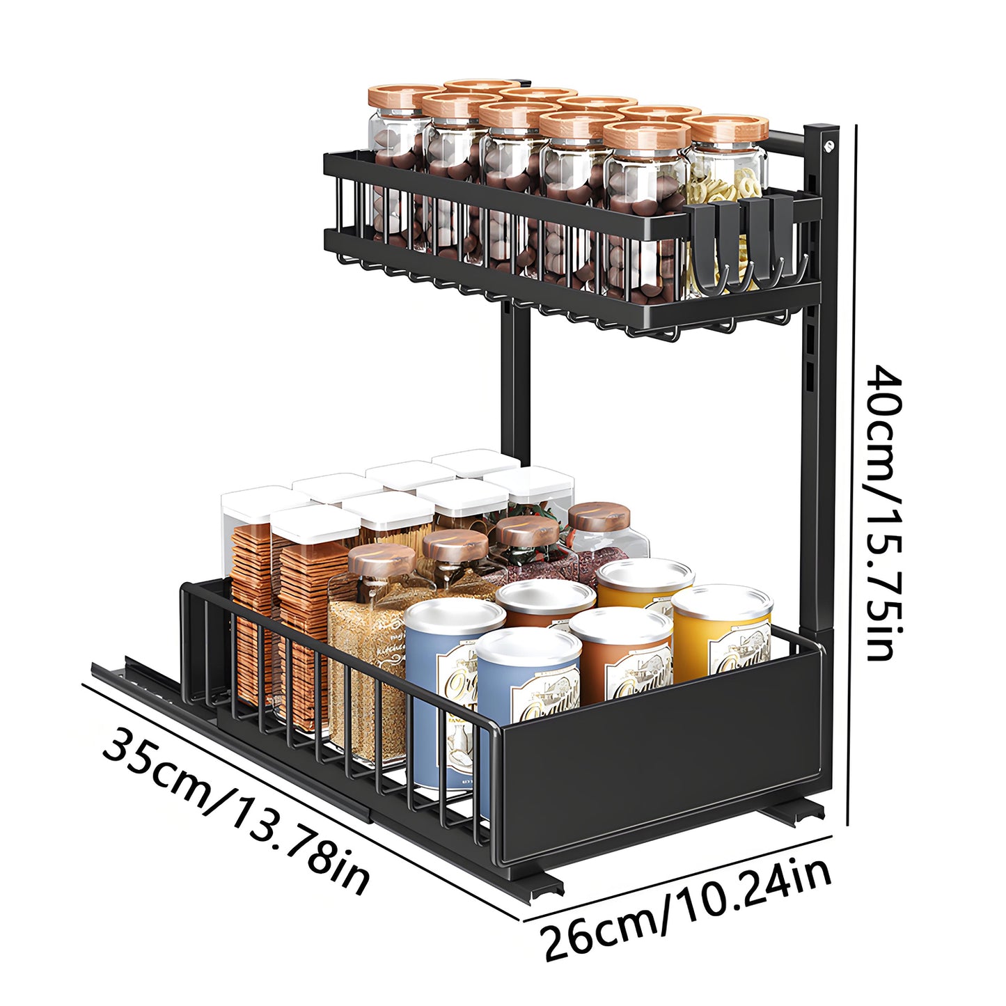 KRKZ Under-Sink Organizer - 2-Tier Slide-Out Metal Rack, Black 13.8"x10.2"x15.8"