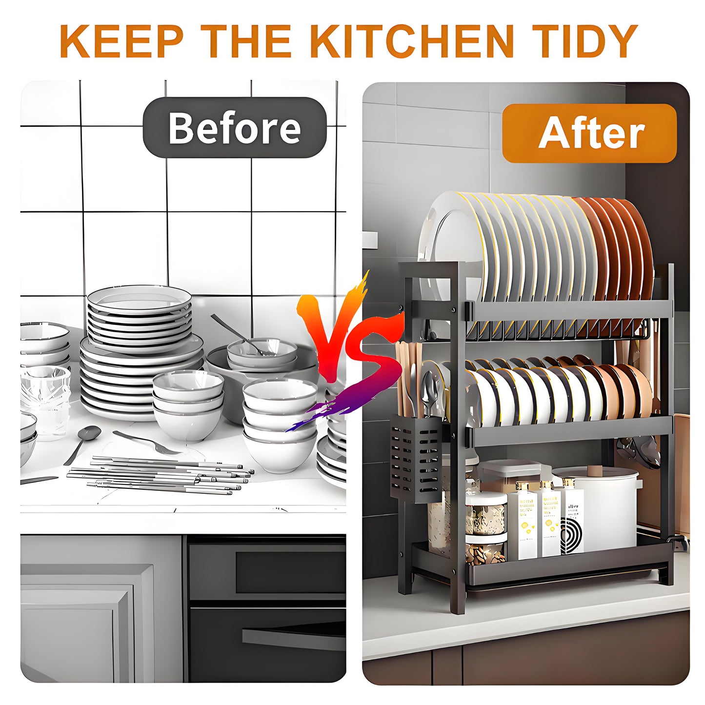 KRKZ Three-layer Kitchen Bowl, Plate, and Chopstick Organizer with Drainage Tray (Black, 21.06 x 9.84 x 19.88in)