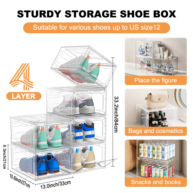 KRKZ 4-Pcs Clear Shoe Boxes - Stackable Front-Open Plastic Storage for Sneakers/Boots, Space-Saving Foldable Display Organizer (15.4"x13.4"x4.7")