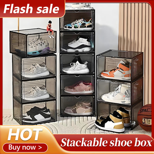 KRKZ 10-Pcs Plastic Shoe Boxes - Durable Foldable Stackable Storage Bins with Flip Lid for Closet/Office/Dorm, Space-Saving Organizers (Black 13.4"x10.6"x17.5")