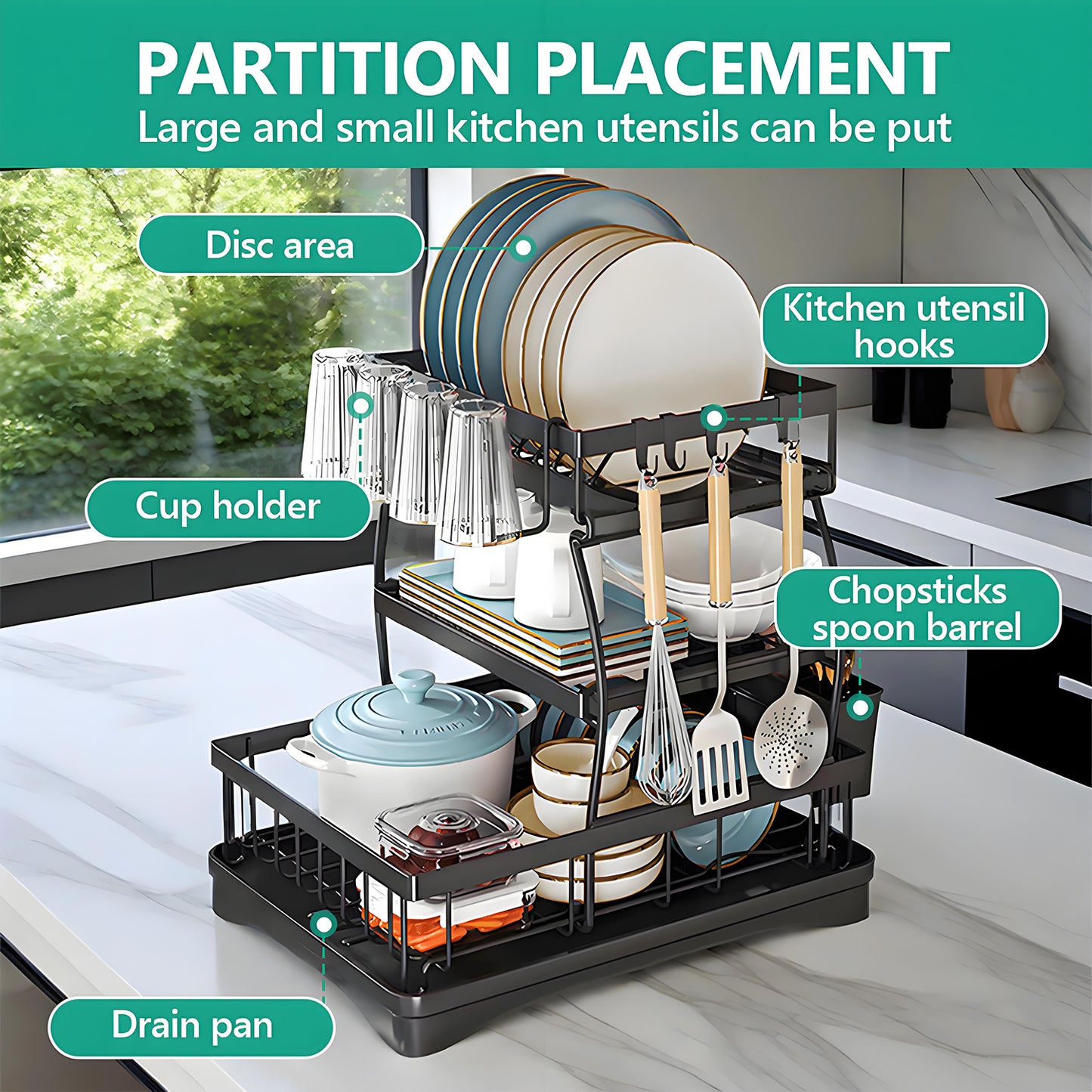 KRKZ 3-Tier Stainless Steel Dish Drying Rack with 360 Swivel Drainage,Black