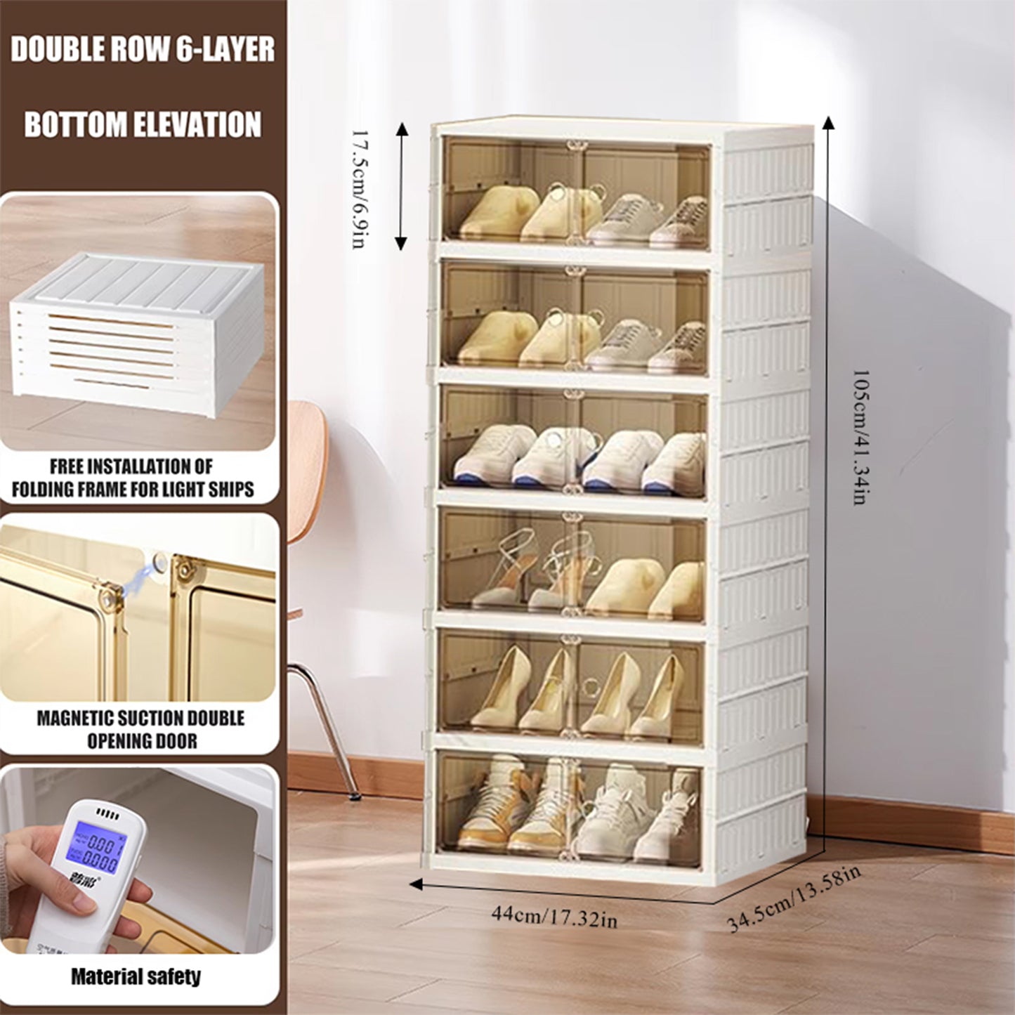 KRKZ 6-Tier Foldable Shoe Organizer - Double Row Clear Storage Box for Shoes/Toys, No Assembly Needed, Space-Saving Dustproof Design (15.8"x9.3"x20.1")