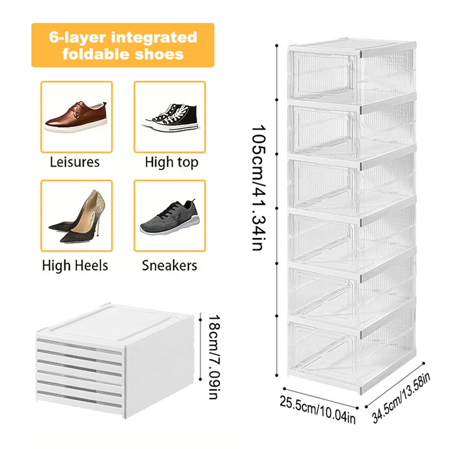 KRKZ 6-Tier Foldable Shoe Box Organizer - Clear Stackable Storage Box, Space-Saving for Closet/Bedroom/Dorm, Heavy Duty & Dustproof 15"x11"x7.5"