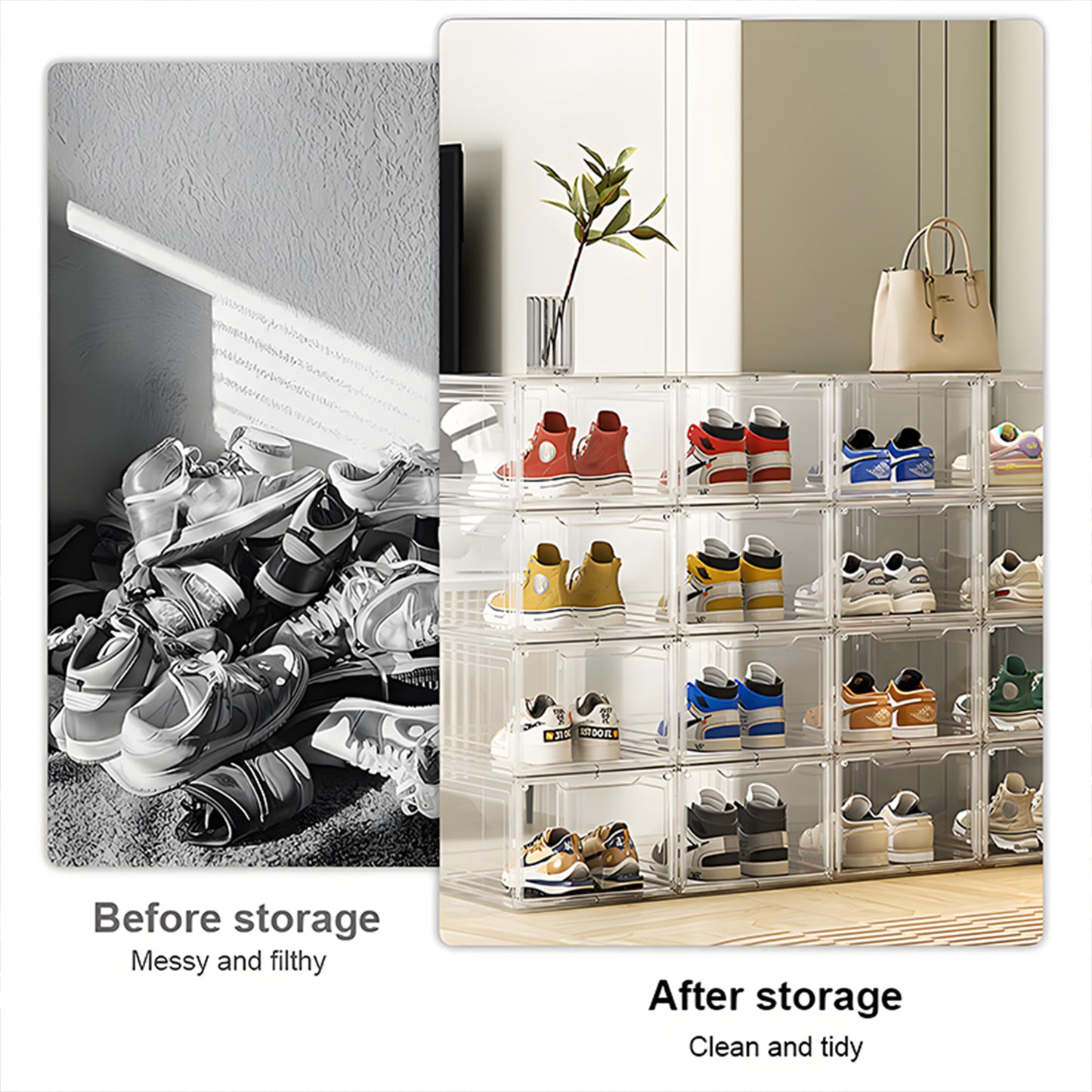 KRKZ 4-Pcs Clear Shoe Boxes - Stackable Front-Open Plastic Storage for Sneakers/Boots, Space-Saving Foldable Display Organizer (15.4"x13.4"x4.7")