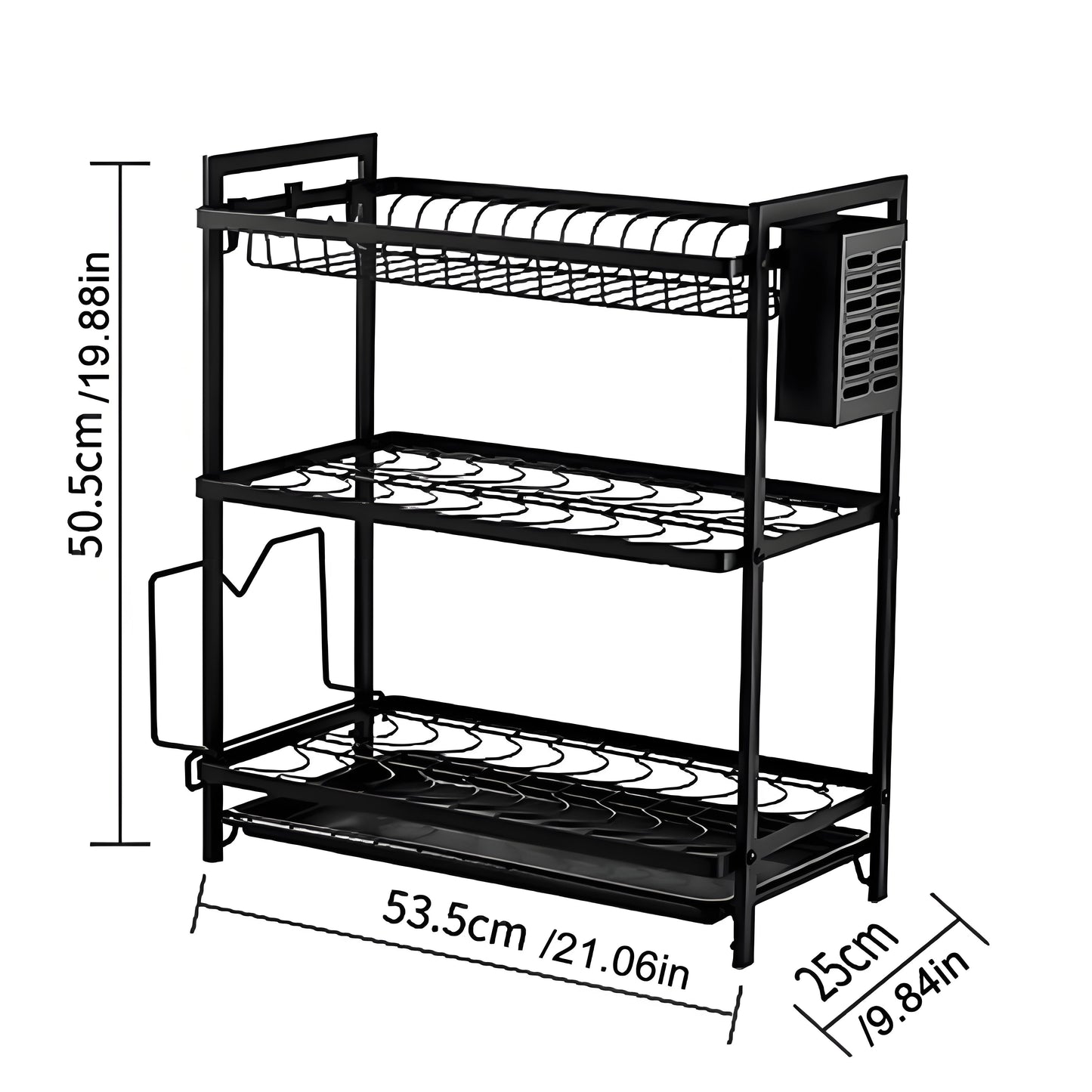 KRKZ Three-layer Kitchen Bowl, Plate, and Chopstick Organizer with Drainage Tray (Black, 21.06 x 9.84 x 19.88in)