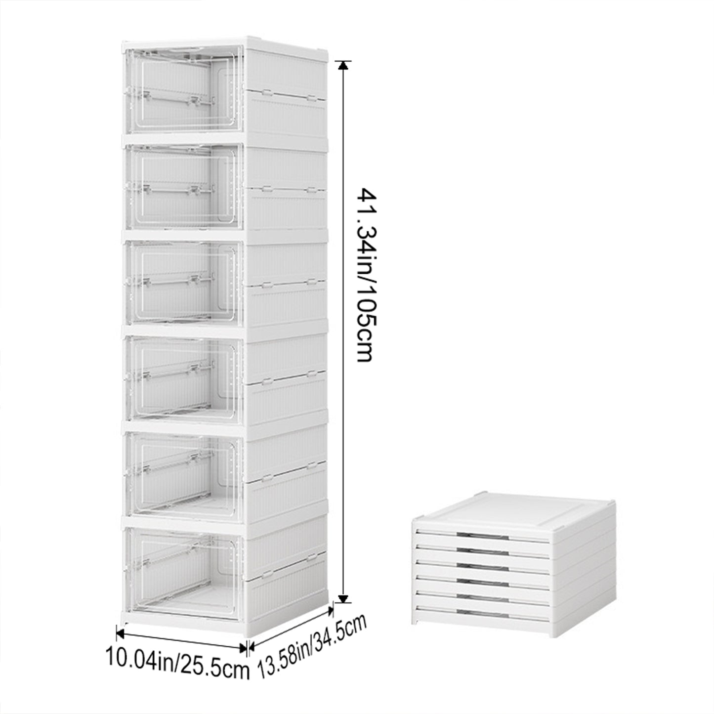 KRKZ 6-Tier Foldable Shoe Organizer - Semi-Transparent Stackable Storage with Doors, Space-Saving for Men's Sneakers (White 15.8"x7.3"x12.2")