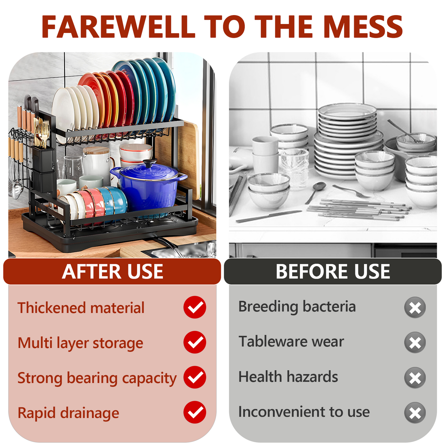 KRKZ 2-Tier Dish Rack - Carbon Steel Kitchen Organizer w/Knife & Cup Holders, Space-Saving for Dishes/Utensils (Black 16.3"x11.8"x13")