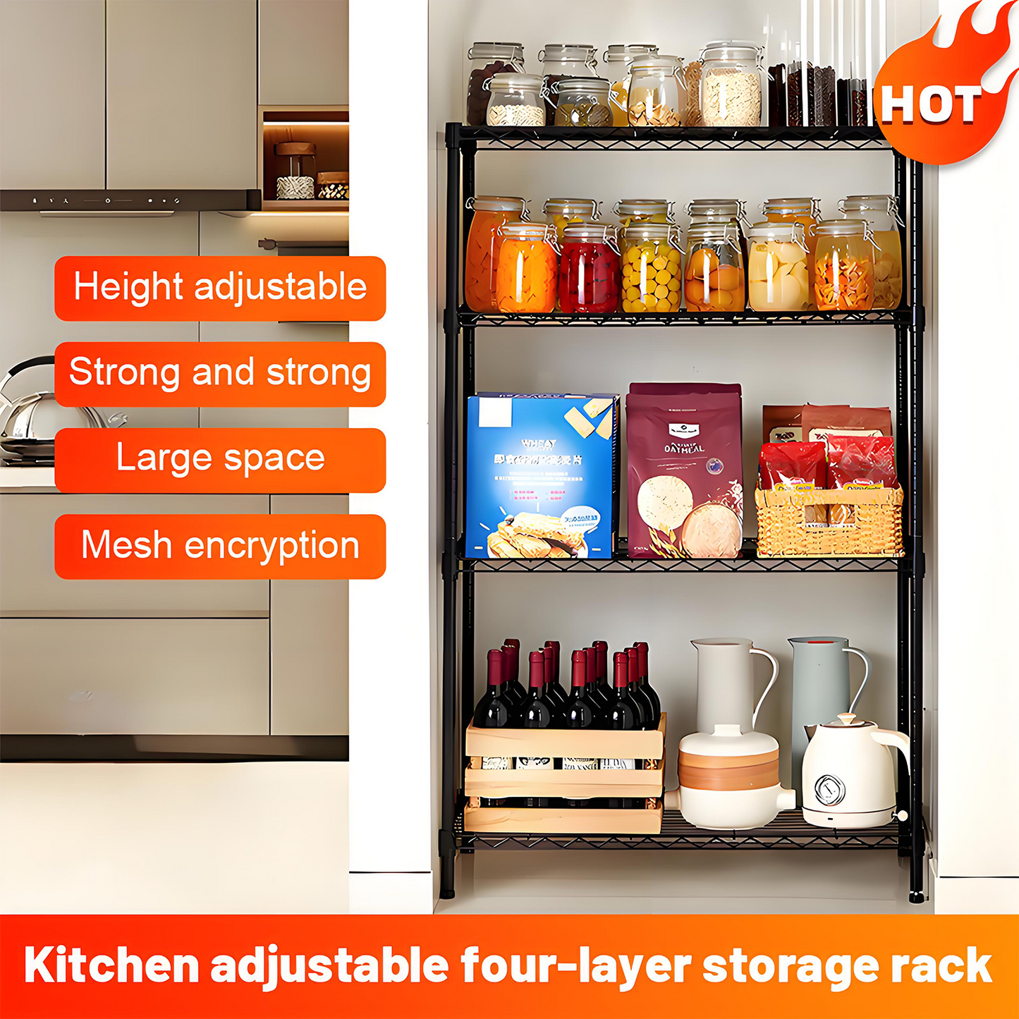 KRKZ Adjustable 4-Shelf Heavy Duty Metal Storage Shelving Unit in Black,22*13.78*47 Inches, Perfect Organizer for Kitchen and Bathroom