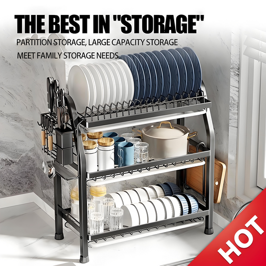 KRKZ 3-Tier Dish Rack - Steel Kitchen Drainer for Dishes, Utensils, Cutting Boards & Chopsticks (Black 20.7x9.6x25in)