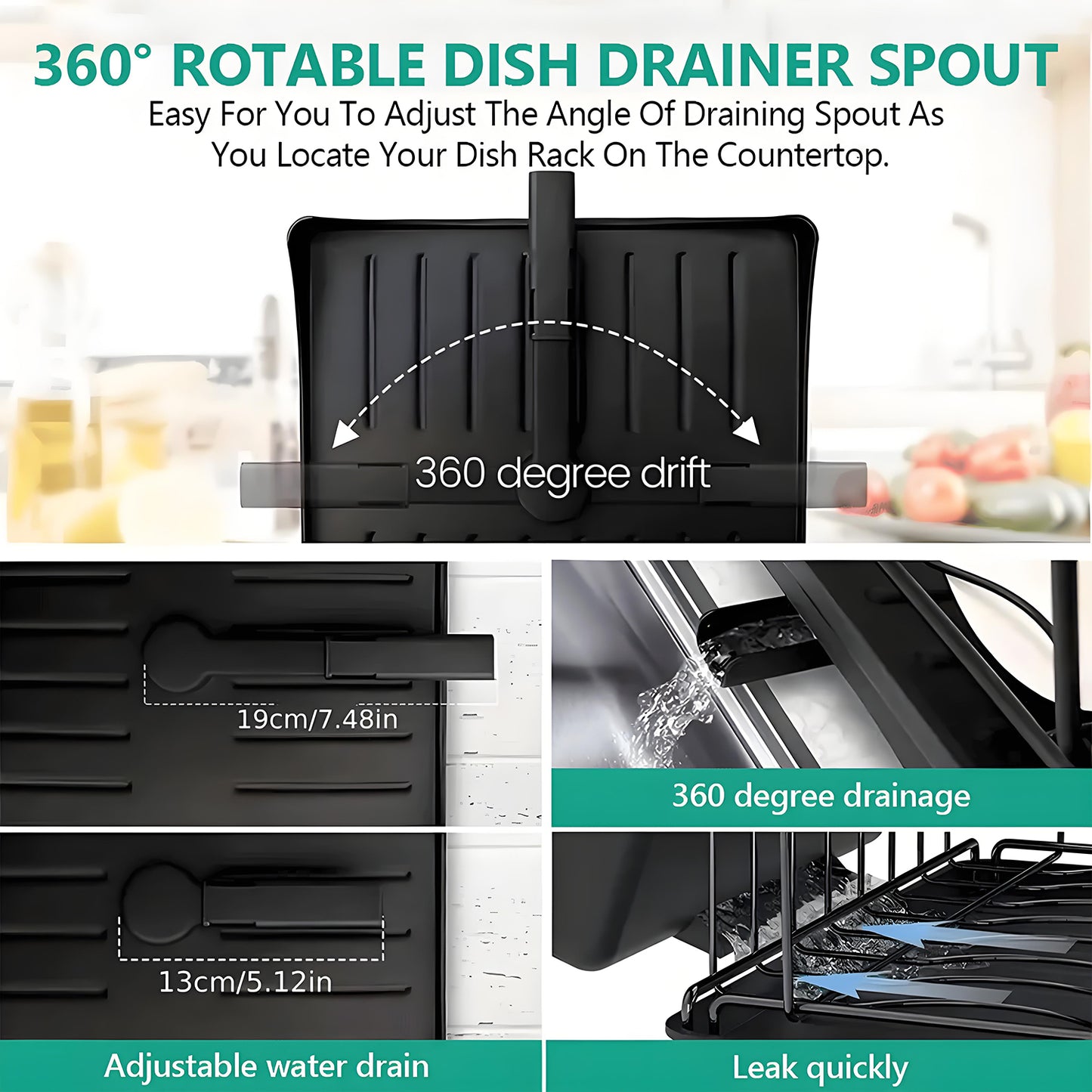 KRKZ 3-Tier Stainless Steel Dish Drying Rack with 360 Swivel Drainage,Black
