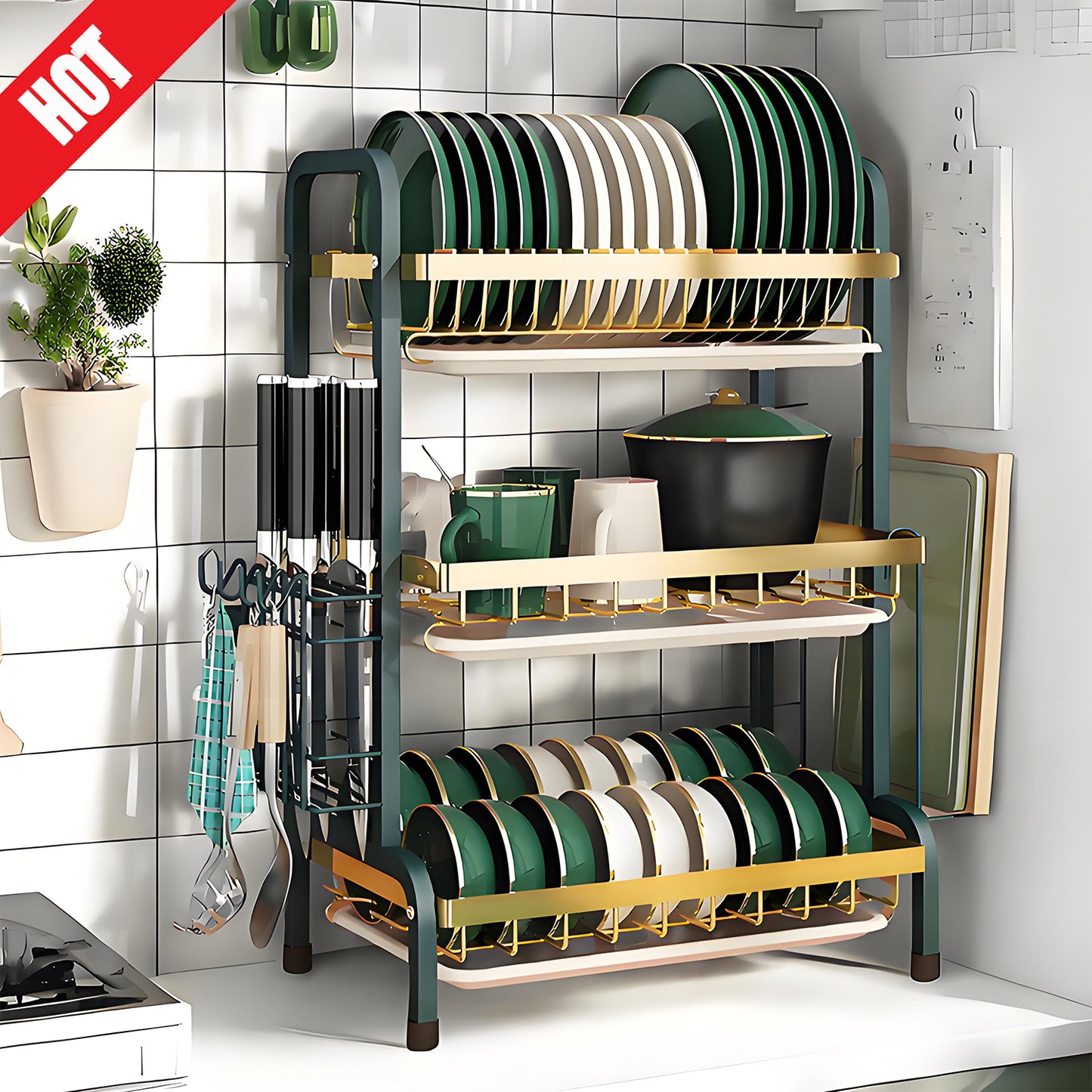KRKZ Family Dinner 3-Tier Stainless Steel Foldable Dish Rack