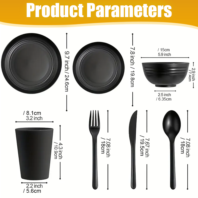 KRKZ 30-Piece Dinnerware Set, Service for 6, Unbreakable Plates, Bowls & Cups, Eco-Friendly, Dishwasher Safe, Black