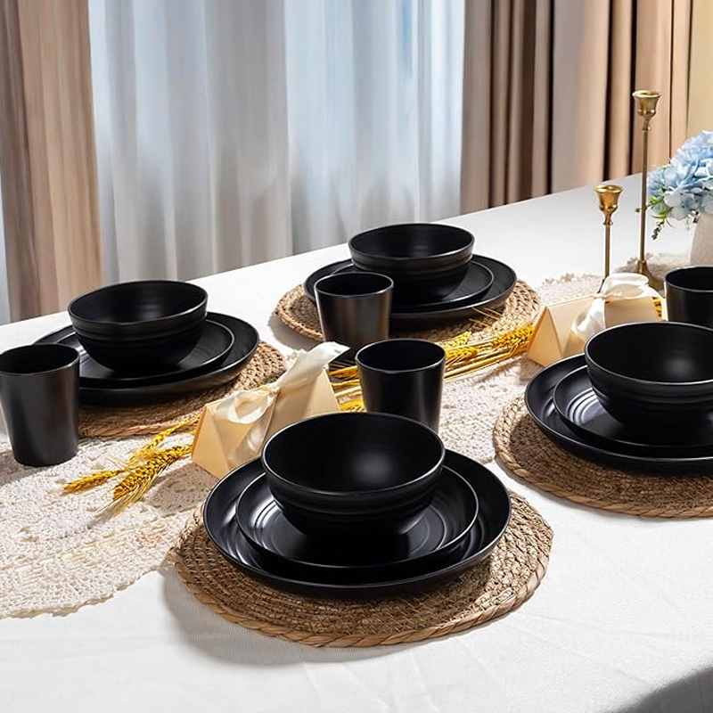 KRKZ 30-Piece Dinnerware Set, Service for 6, Unbreakable Plates, Bowls & Cups, Eco-Friendly, Dishwasher Safe, Black