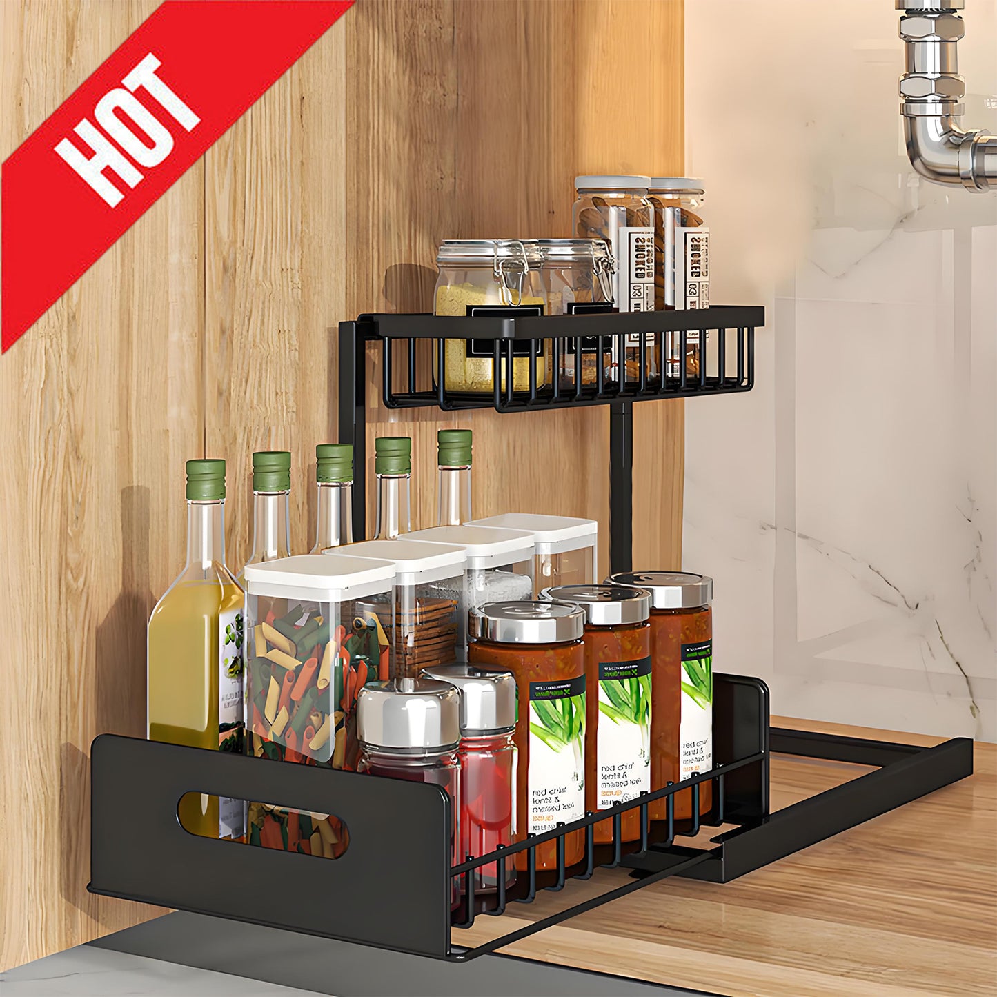 KRKZ 2-Tier Under Sink Organizer - Slide-Out Metal Storage Rack, Black 14.4"x10.6"x10.4"