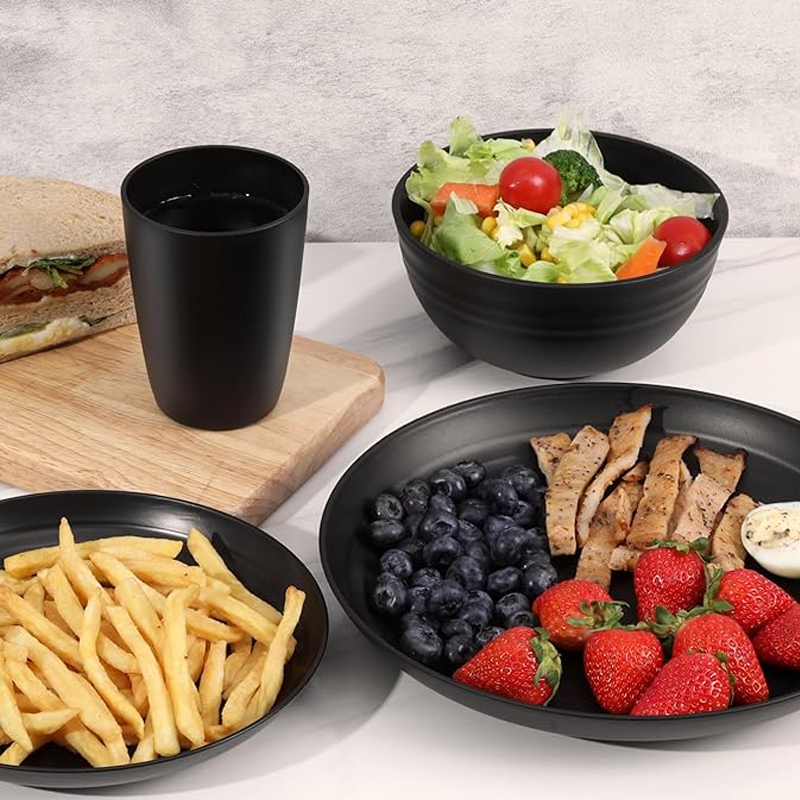 KRKZ 30-Piece Dinnerware Set, Service for 6, Unbreakable Plates, Bowls & Cups, Eco-Friendly, Dishwasher Safe, Black