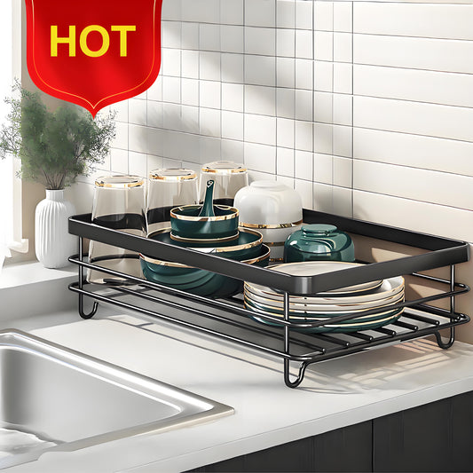 KRKZ Single-Tier Dish Rack - Large Capacity Countertop Drainer for Dishes/Utensils, Rustproof Kitchen Organizer (Black 16.6"x11.7"x5.3")