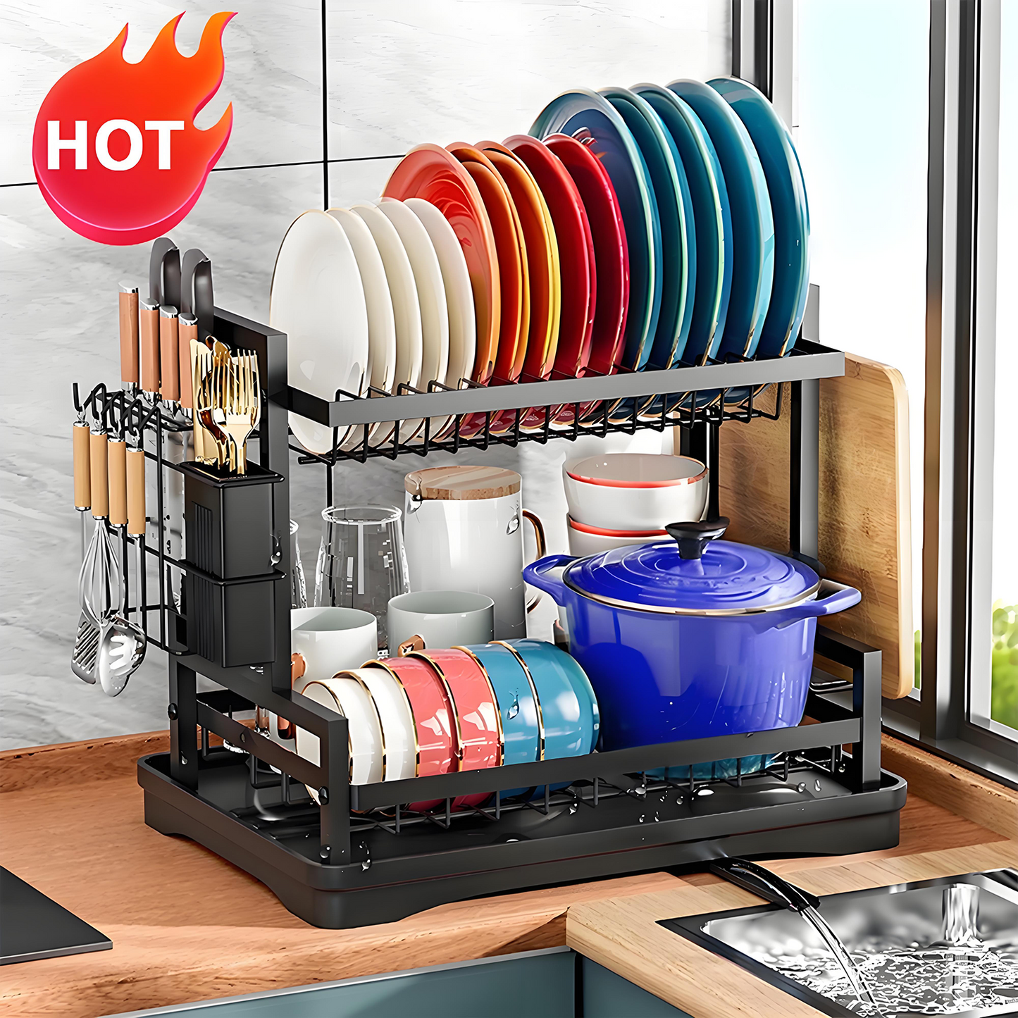 KRKZ 2-Tier Dish Rack - Carbon Steel Kitchen Organizer w/Knife & Cup Holders, Space-Saving for Dishes/Utensils (Black 16.3"x11.8"x13")