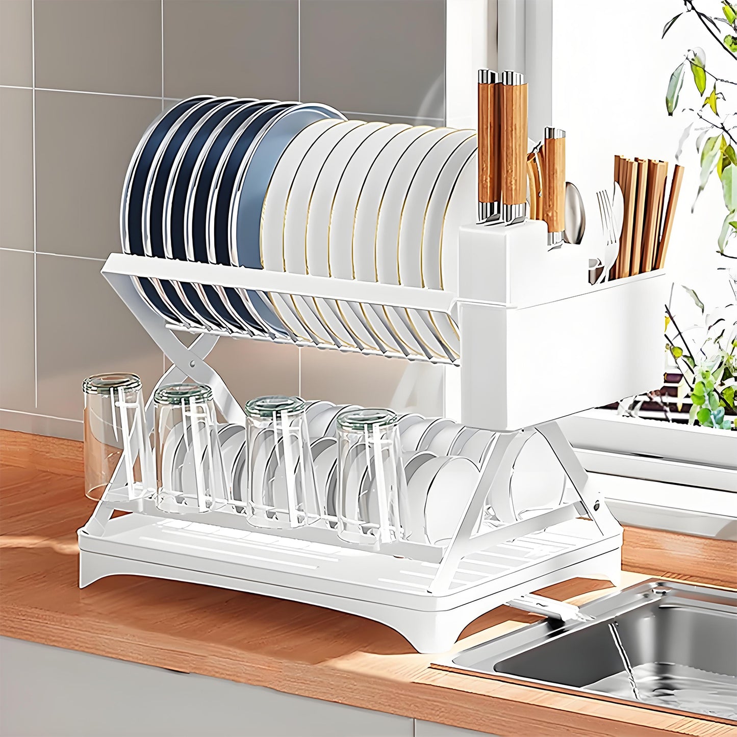 KRKZ Two-Layer Kitchen Countertop Dish Rack, Collapsible and Multi-Functional for Home Use, with Drainage and Storage for Bowls and Plates (White, 16.5" x 11.8" x 12.5")