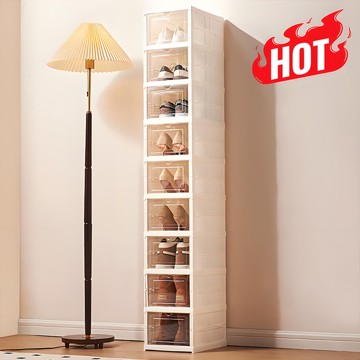 KRKZ 9-Tier Foldable Shoe Organizer - Semi-Transparent Stackable Storage Boxes w/Doors, Space-Saving for Closet/Bedroom (White 12.2"x10.2"x15.8")