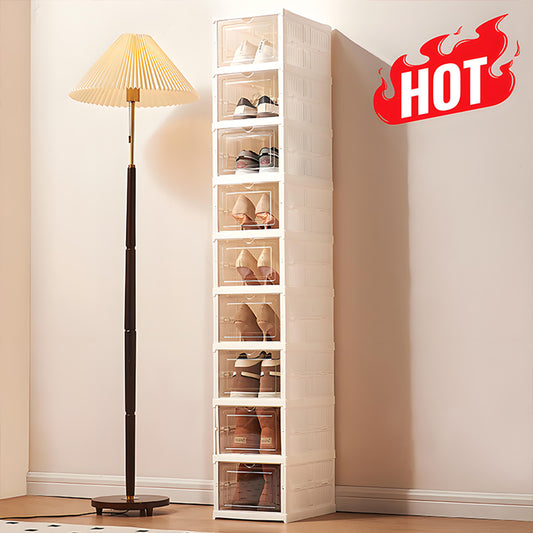 KRKZ 9-Tier Foldable Shoe Organizer - Semi-Transparent Stackable Storage Boxes w/Doors, Space-Saving for Closet/Bedroom (White 12.2"x10.2"x15.8")