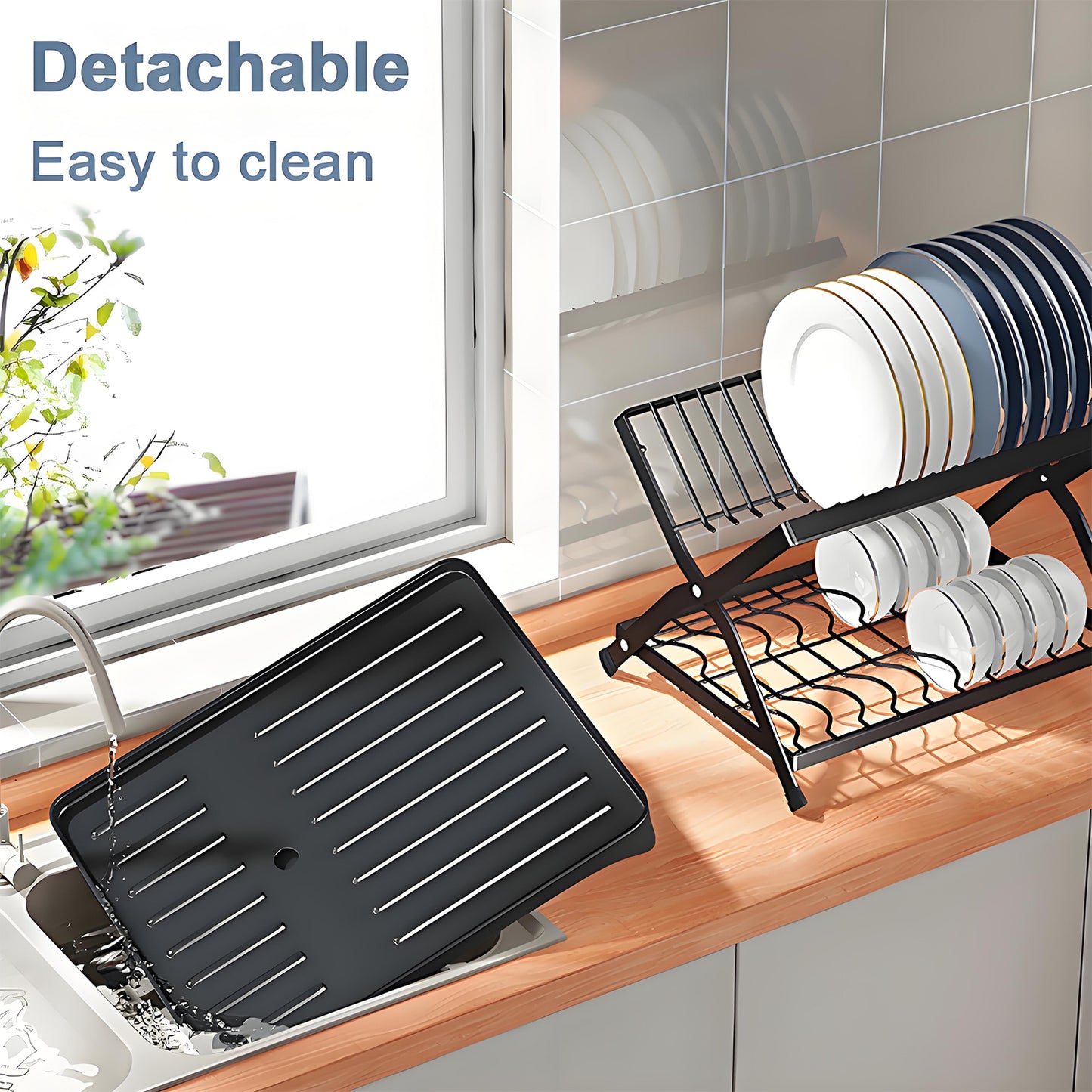 KRKZ 2-Tier X-Shape Dish Rack - Foldable Space-Saving Drainer for Dishes, Cups & Bowls (Black 16.5x11.8x12.2in)