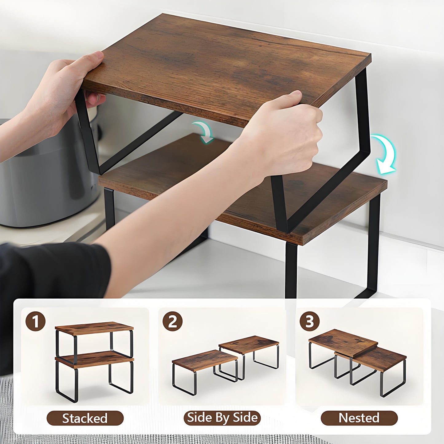 KRKZ Versatile Storage Solutions with Kitchen Counter Shelves in Ink Black and Rustic Brown, Set of 2 Stackable and Expandable Metal Organizers