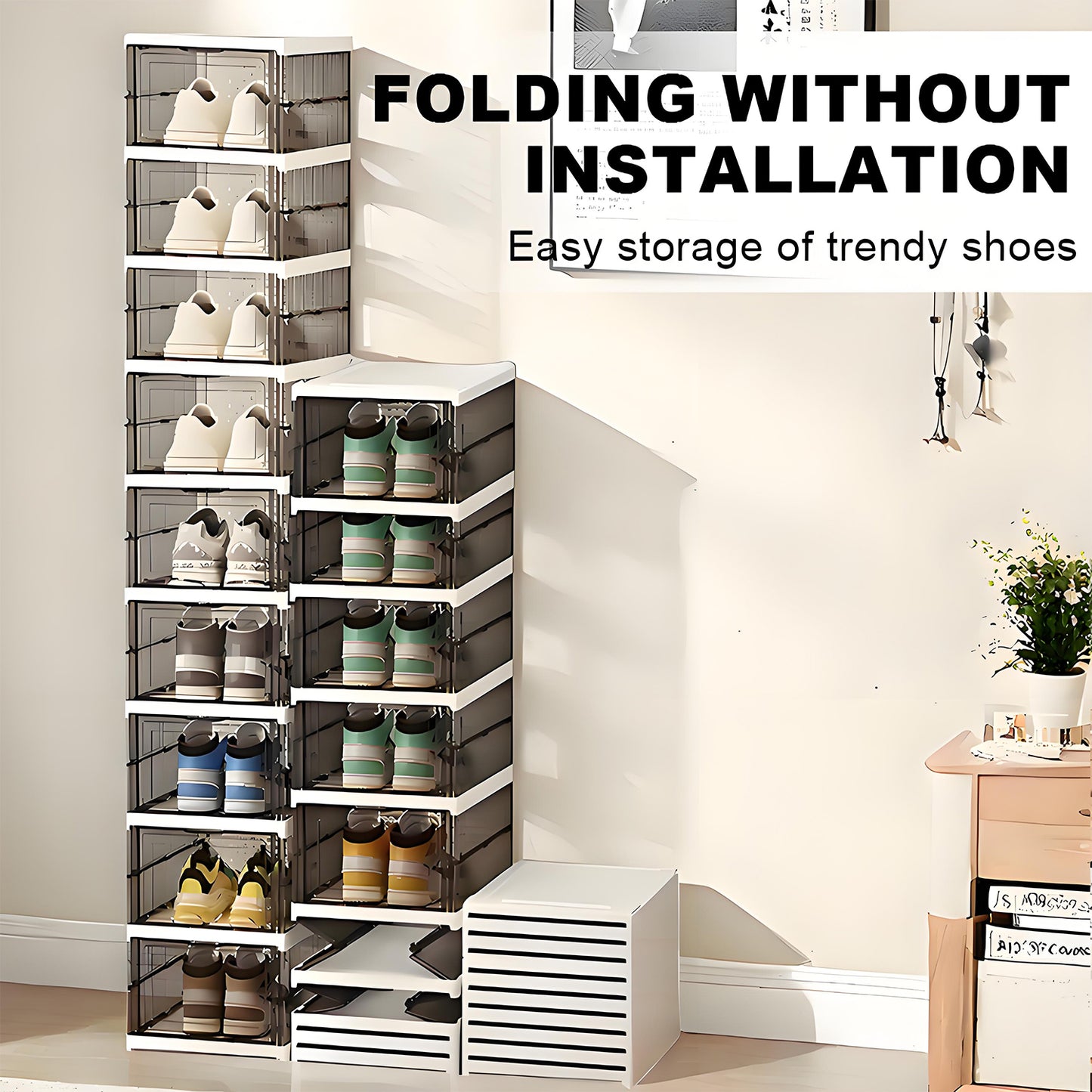 KRKZ 9-Tier Foldable Shoe Organizer - Clear Stackable Storage Boxes w/Dustproof Covers, Space-Saving for Closet/Bedroom/Dorm (Black 12.2"x10.2"x15.8")