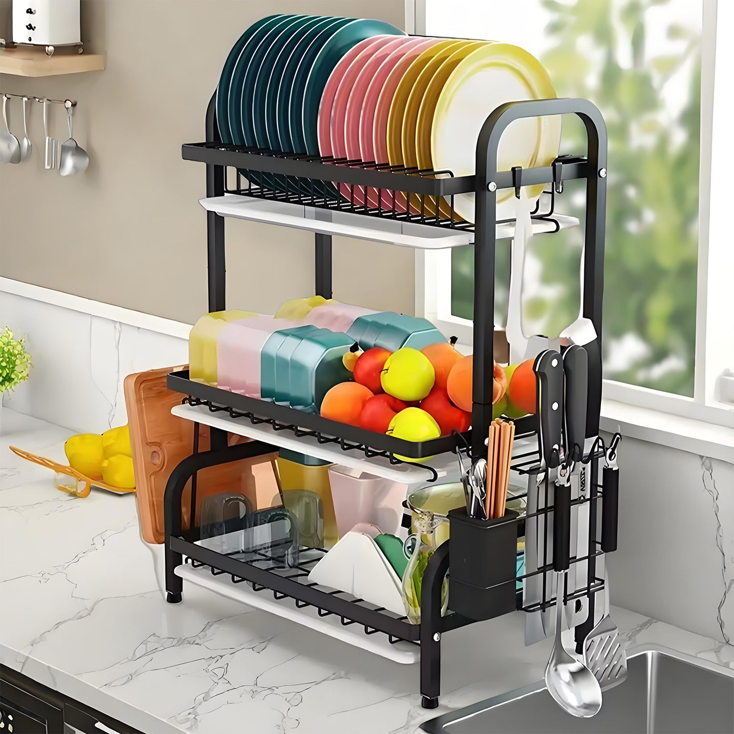 KRKZ 3-Tier Stainless Steel Dish Rack with Utensil Holder & Drain Tray, Space-Saving (Black)