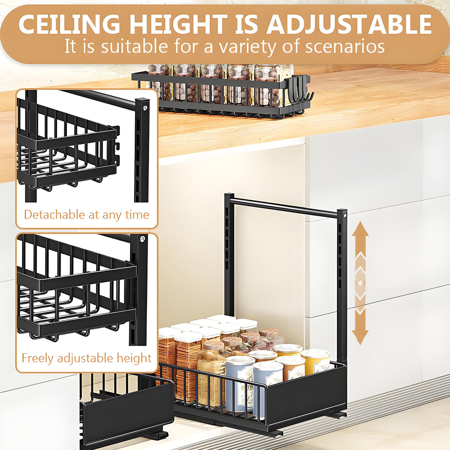 KRKZ Under-Sink Organizer - 2-Tier Slide-Out Metal Rack, Black 13.8"x10.2"x15.8"