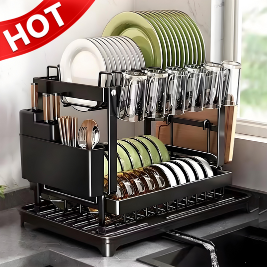 KRKZ Double-layer Bowl and Plate Organizer with Drainage Rack and Drainage Tube (Black 16.54*11.42*11.42in)