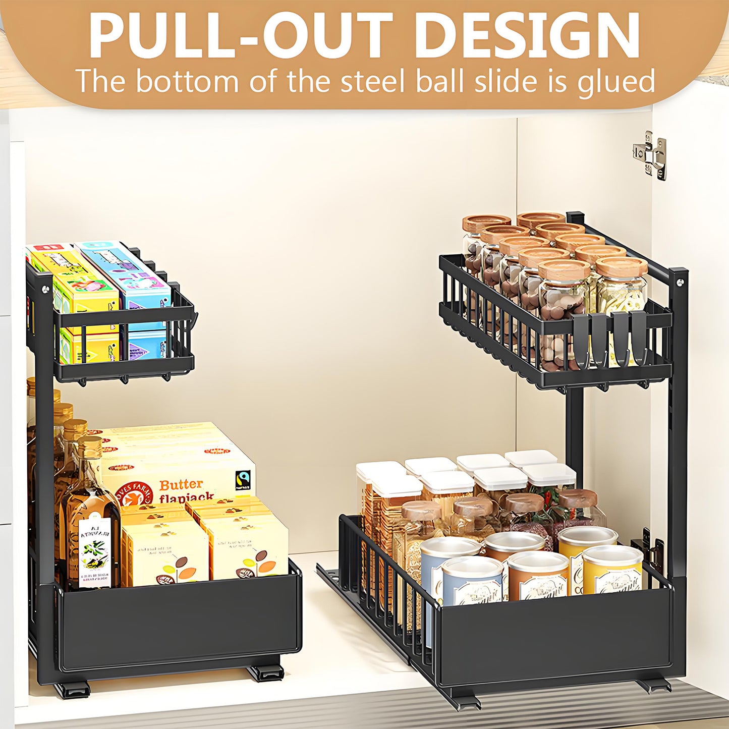 KRKZ Under-Sink Organizer - 2-Tier Slide-Out Metal Rack, Black 13.8"x10.2"x15.8"