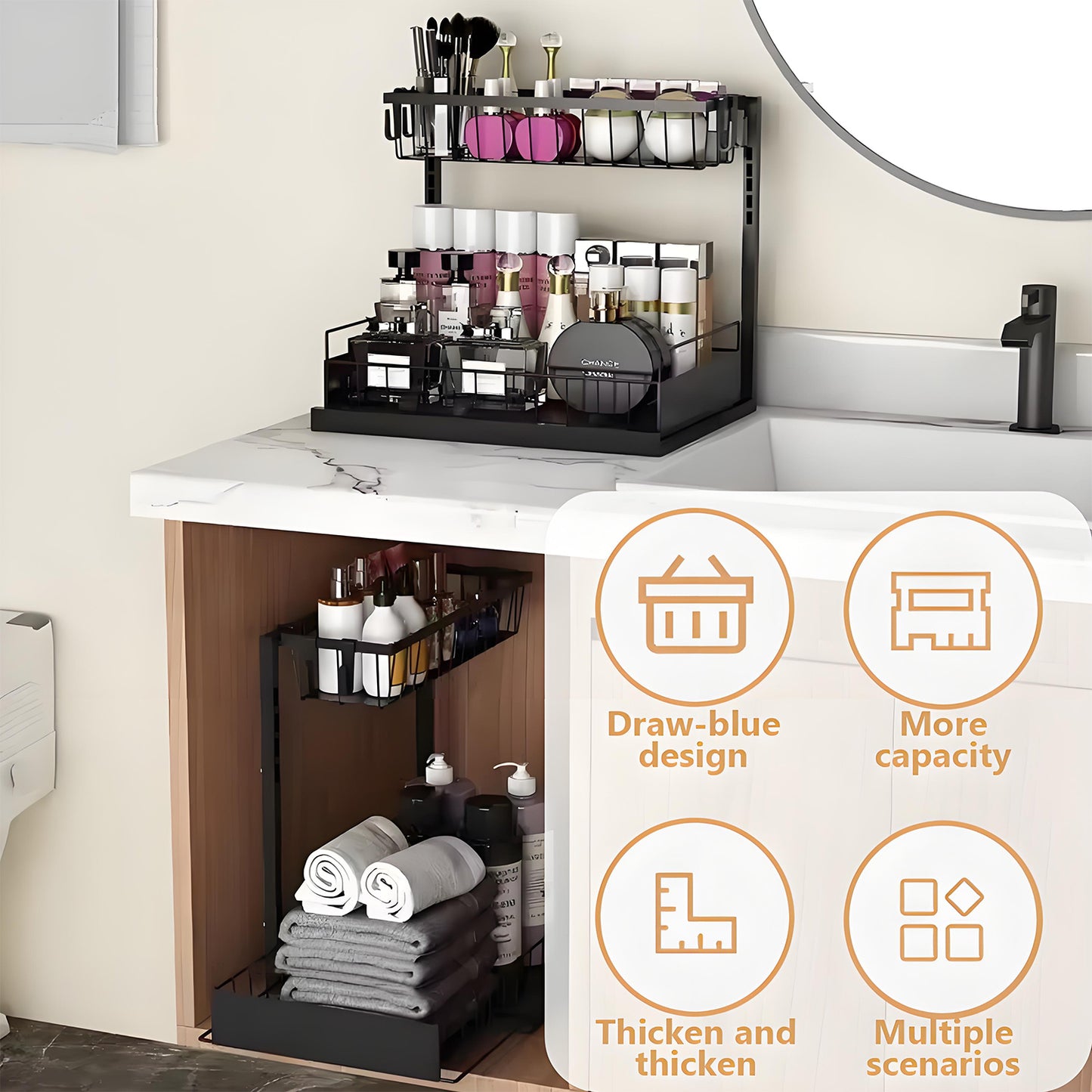 KRKZ Under-Sink Organizer - 2-Tier Slide-Out Metal Rack, Black 13.8"x10.2"x15.8"