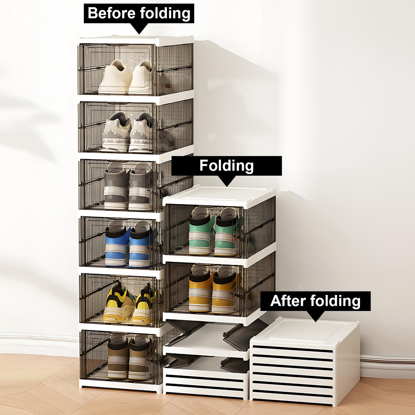 KRKZ 6-Tier Clear Shoe Box Organizer - Foldable Stackable Storage with Lids, Space-Saving for Sneakers in Bedroom/Dorm (Black 15.8"x7.3"x12.2")