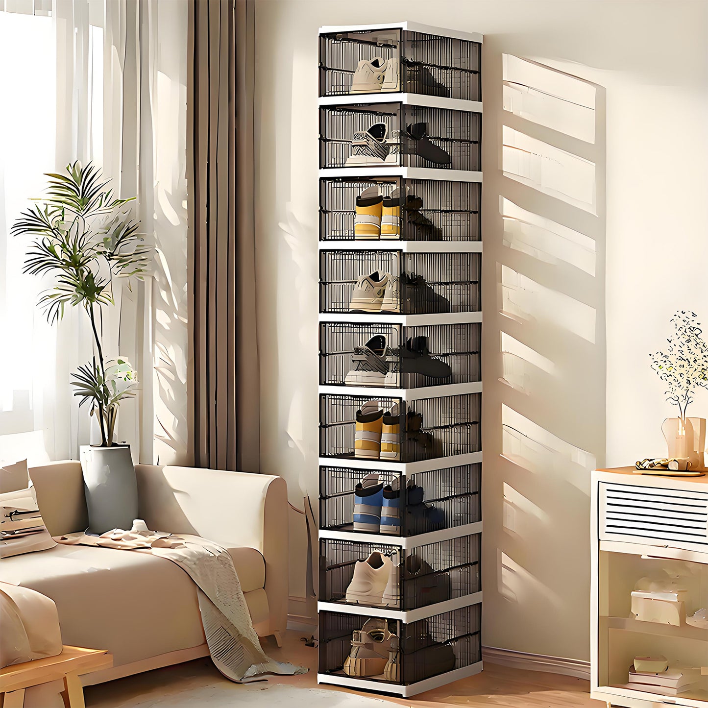 KRKZ 9-Tier Foldable Shoe Organizer - Clear Stackable Storage Boxes w/Dustproof Covers, Space-Saving for Closet/Bedroom/Dorm (Black 12.2"x10.2"x15.8")