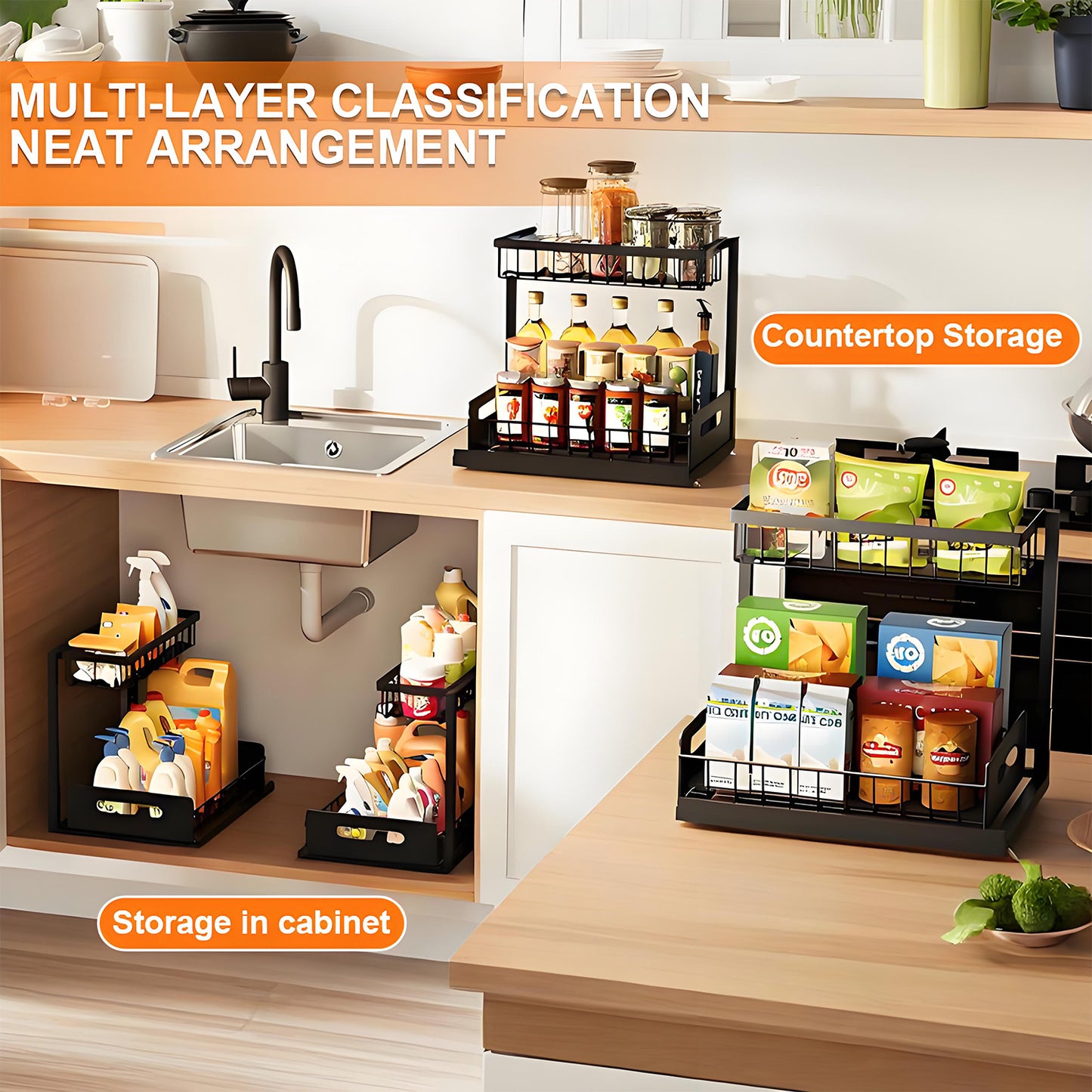 KRKZ 2-Tier Under Sink Organizer - Slide-Out Metal Storage Rack, Black 14.4"x10.6"x10.4"