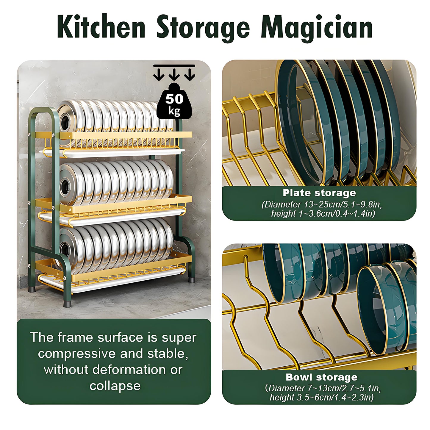 KRKZ Family Dinner 3-Tier Stainless Steel Foldable Dish Rack