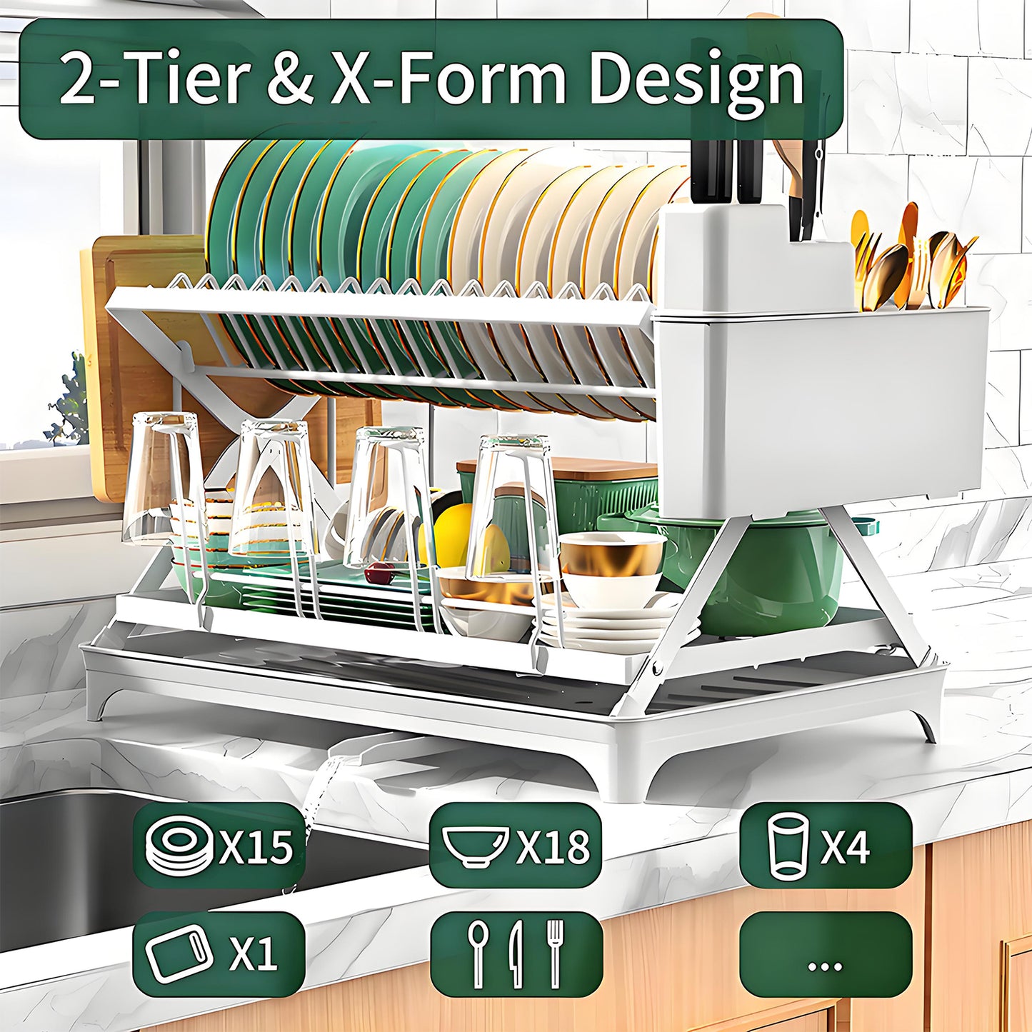 KRKZ Two-Layer Kitchen Countertop Dish Rack, Collapsible and Multi-Functional for Home Use, with Drainage and Storage for Bowls and Plates (White, 16.5" x 11.8" x 12.5")