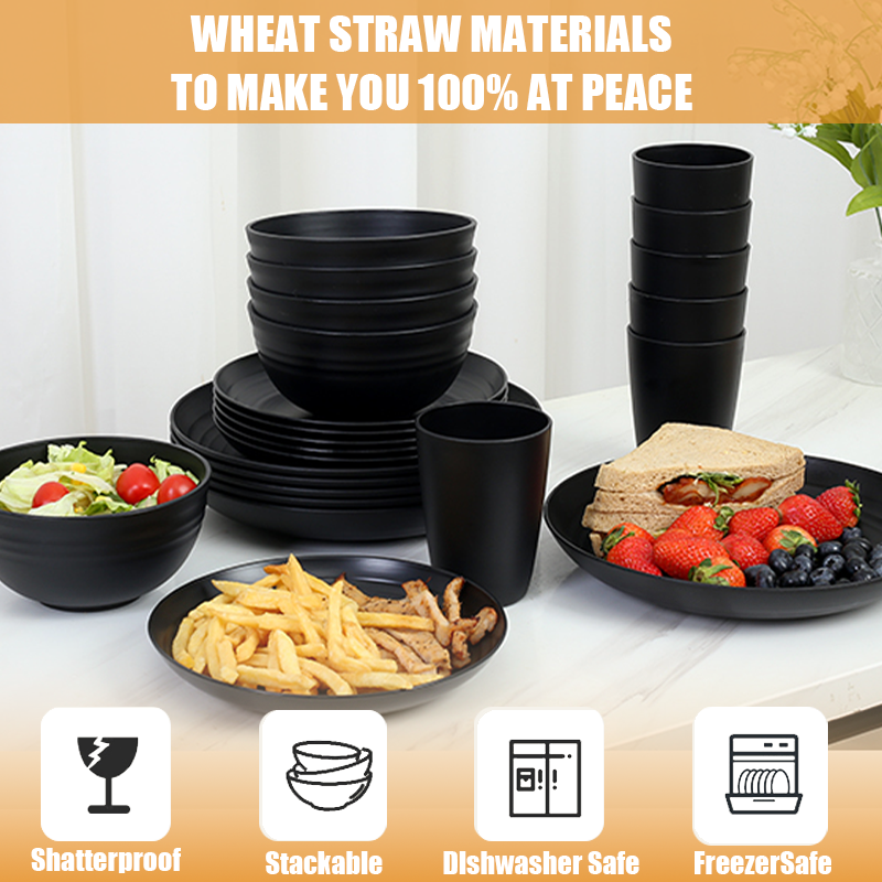 KRKZ 30-Piece Dinnerware Set, Service for 6, Unbreakable Plates, Bowls & Cups, Eco-Friendly, Dishwasher Safe, Black