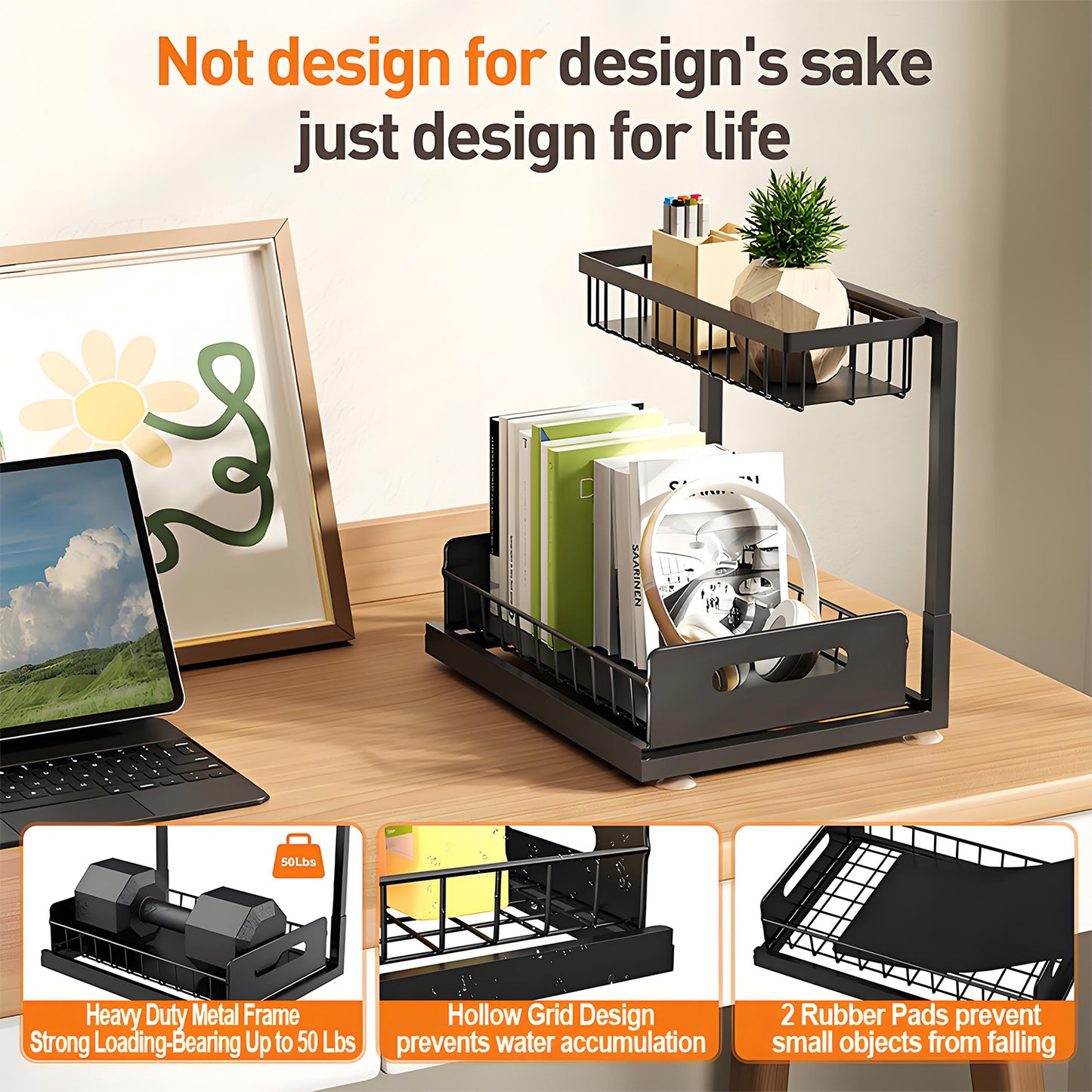 KRKZ 2-Tier Under Sink Organizer - Slide-Out Metal Storage Rack, Black 14.4"x10.6"x10.4"